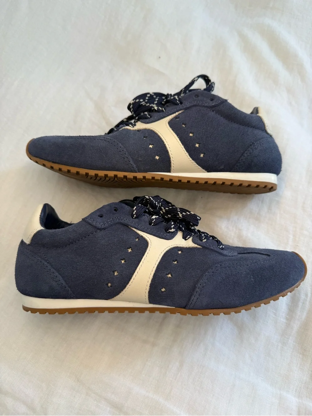 Larroude Stella Sneaker In Navy Suede and Ivory Leather